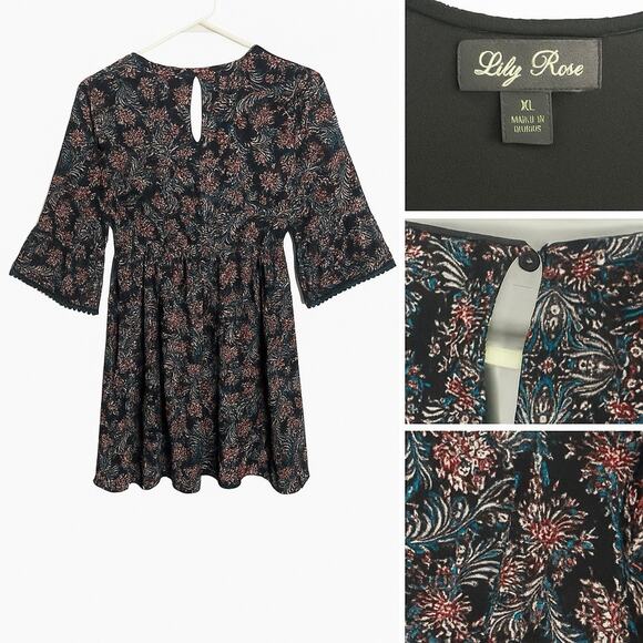 Lily Rose XL Dress Black Floral Print V-Neck Keyhole Back Metallic Accent Boho - Picture 1 of 9